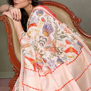 Cream Floral Printed Khaadi Saree