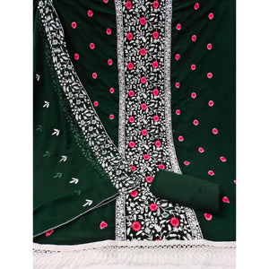 Bottle Green Floral Embroidered Georgette Dress Material