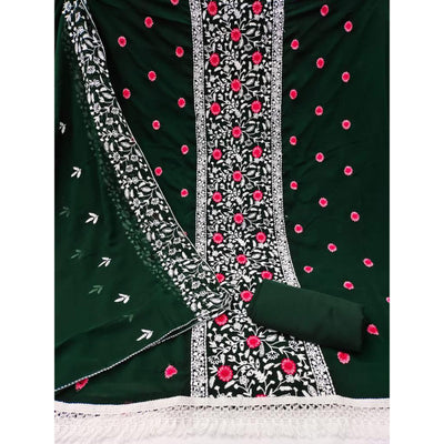 Bottle Green Floral Embroidered Georgette Dress Material