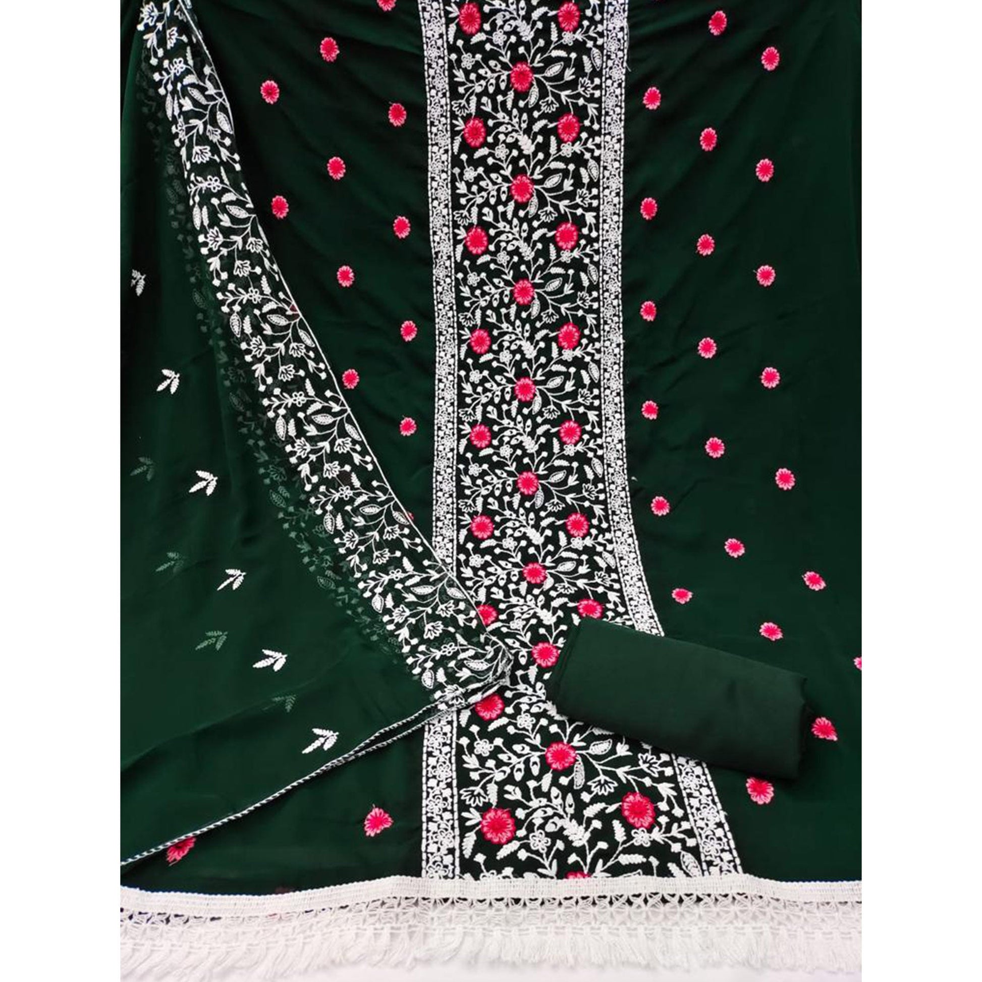 Bottle Green Floral Embroidered Georgette Dress Material
