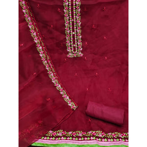 Maroon Floral Embroidered Organza Dress Material