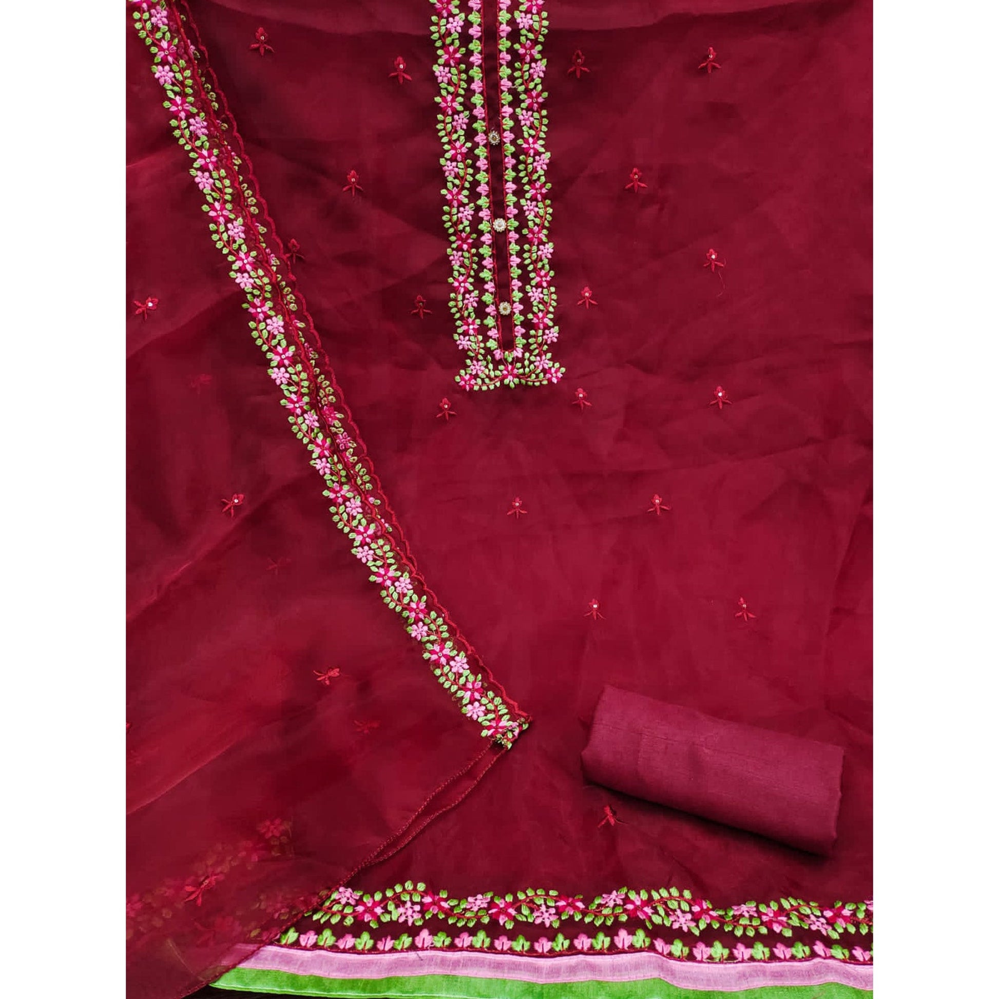 Maroon Floral Embroidered Organza Dress Material