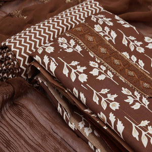 Brown Foil Printed Cotton Blend Dress Material