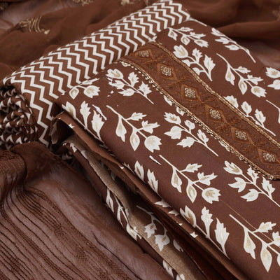 Brown Foil Printed Cotton Blend Dress Material