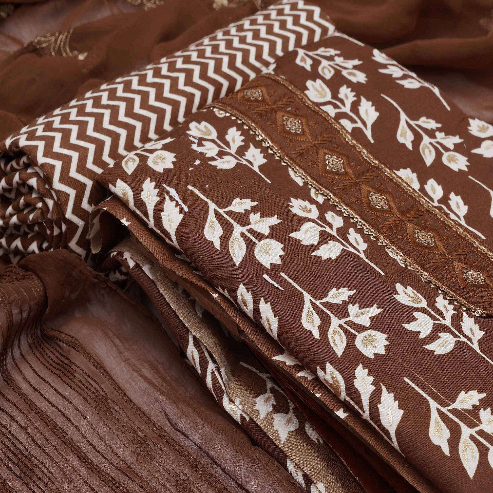 Brown Foil Printed Cotton Blend Dress Material