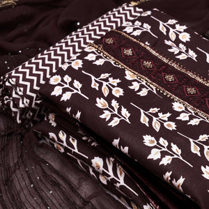 Coffee Brown Foil Printed Cotton Blend Dress Material