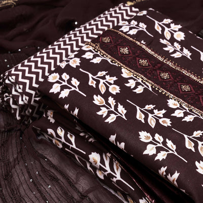 Coffee Brown Foil Printed Cotton Blend Dress Material