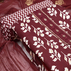 Maroon Foil Printed Cotton Blend Dress Material
