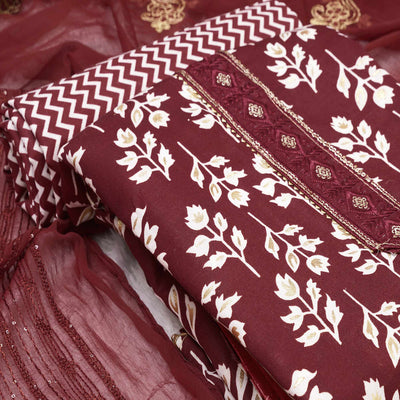 Maroon Foil Printed Cotton Blend Dress Material