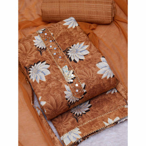 Brown Floral Foil Printed Cotton Blend Dress Material