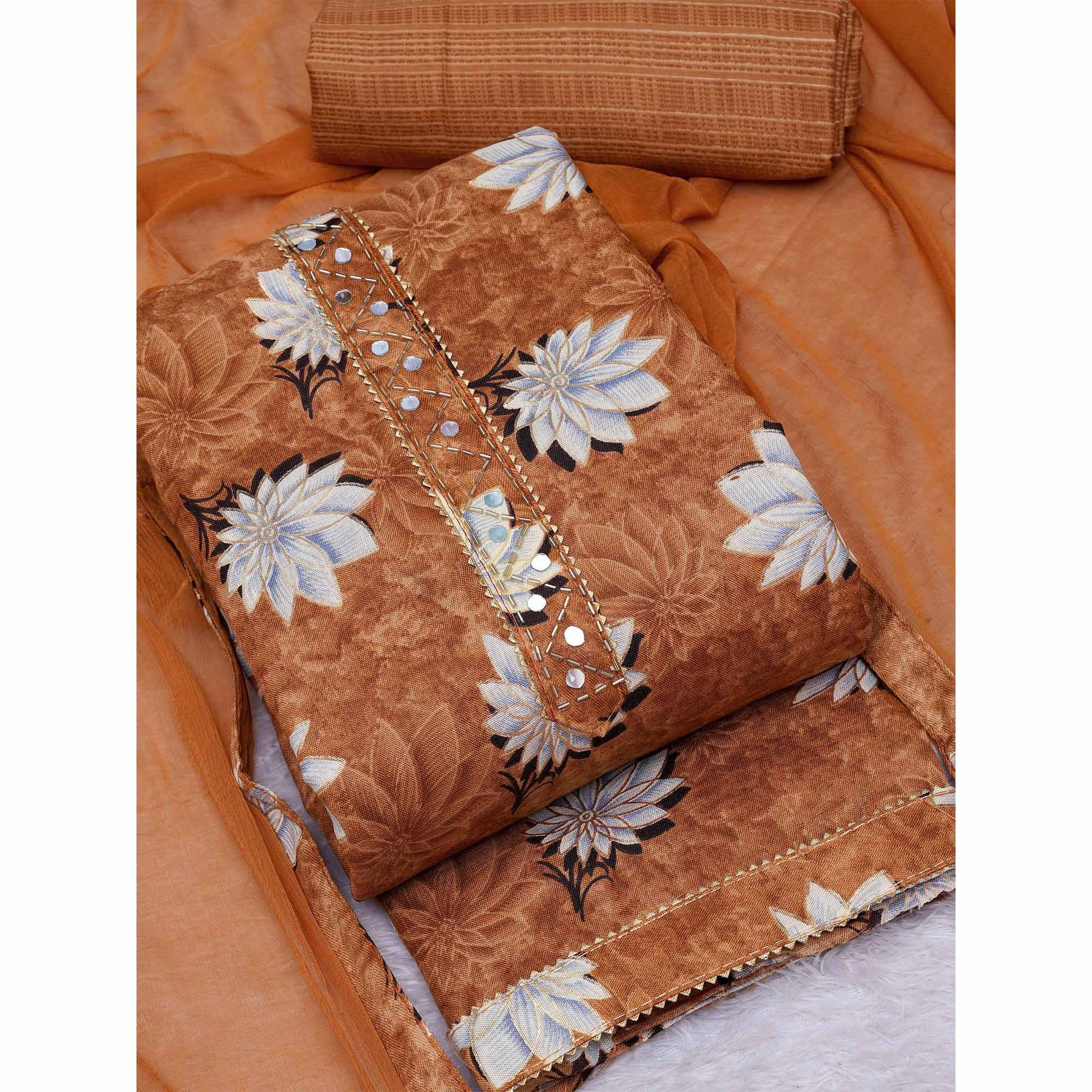 Brown Floral Foil Printed Cotton Blend Dress Material