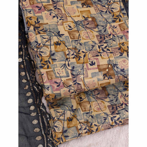 Chikoo & Blue Foil Printed Cotton Blend Dress Material