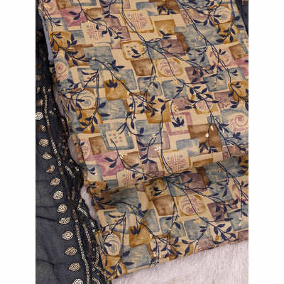 Chikoo & Blue Foil Printed Cotton Blend Dress Material