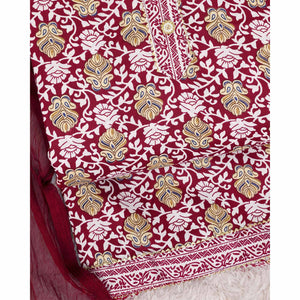 Maroon Foil Printed Cotton Blend Dress Material