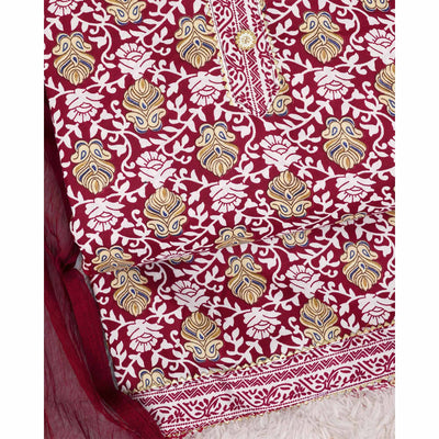 Maroon Foil Printed Cotton Blend Dress Material