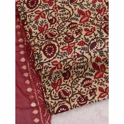 Maroon Foil Printed Cotton Blend Dress Material