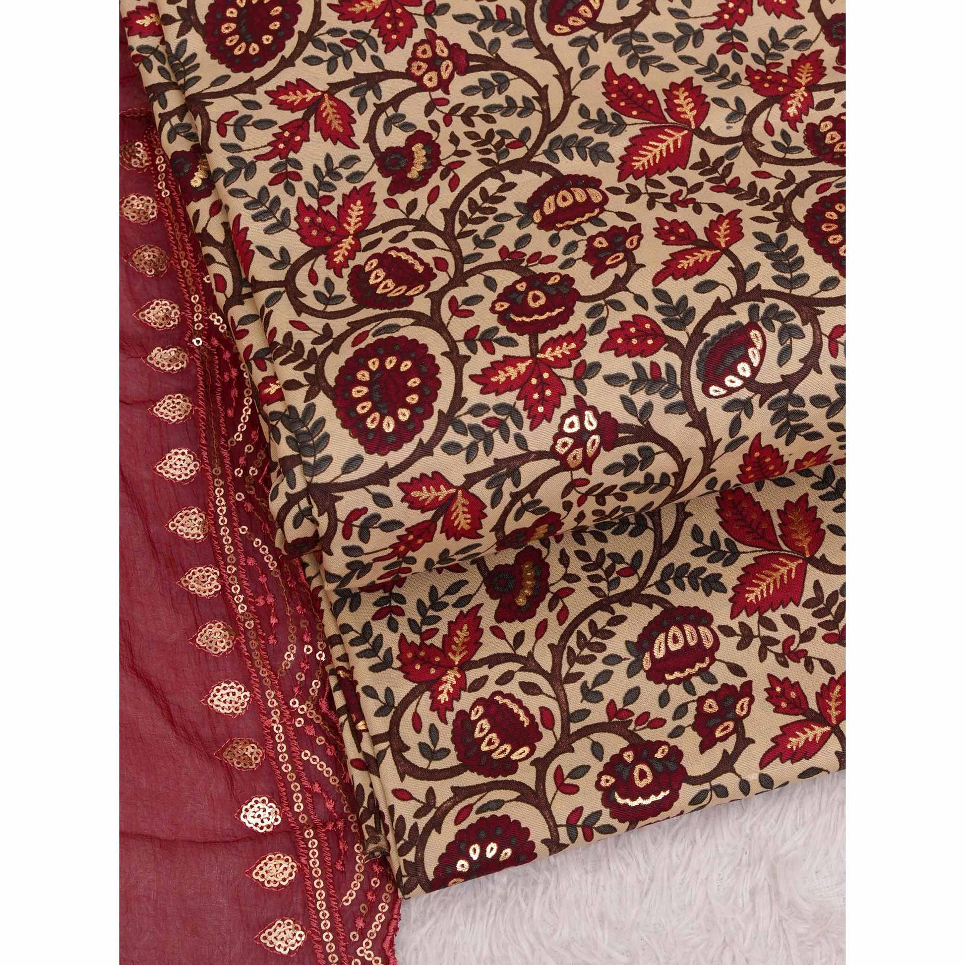 Maroon Foil Printed Cotton Blend Dress Material