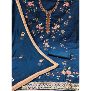Morpich Blue Floral Embroidered Chanderi Dress Material