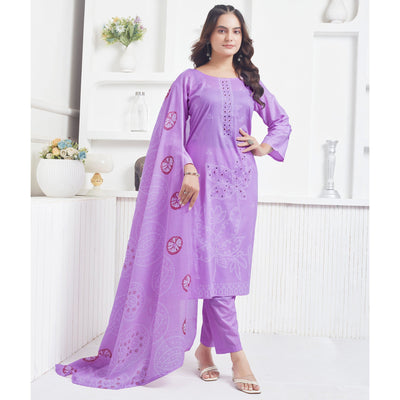 Lavender Printed Pure Cotton Salwar Suit With Mirror Work