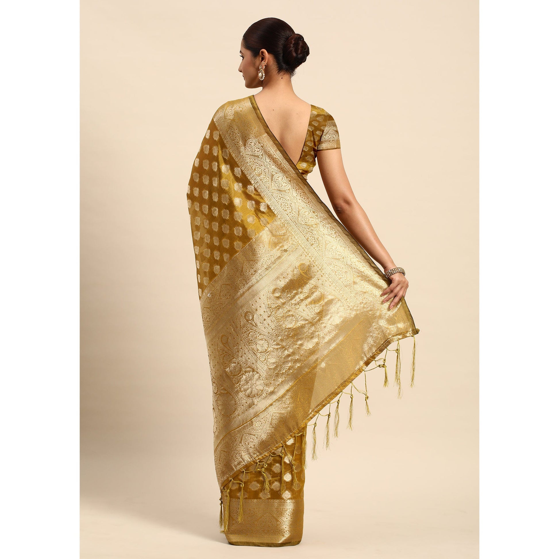 Mehendi Green Woven Organza Silk Saree With Tassels