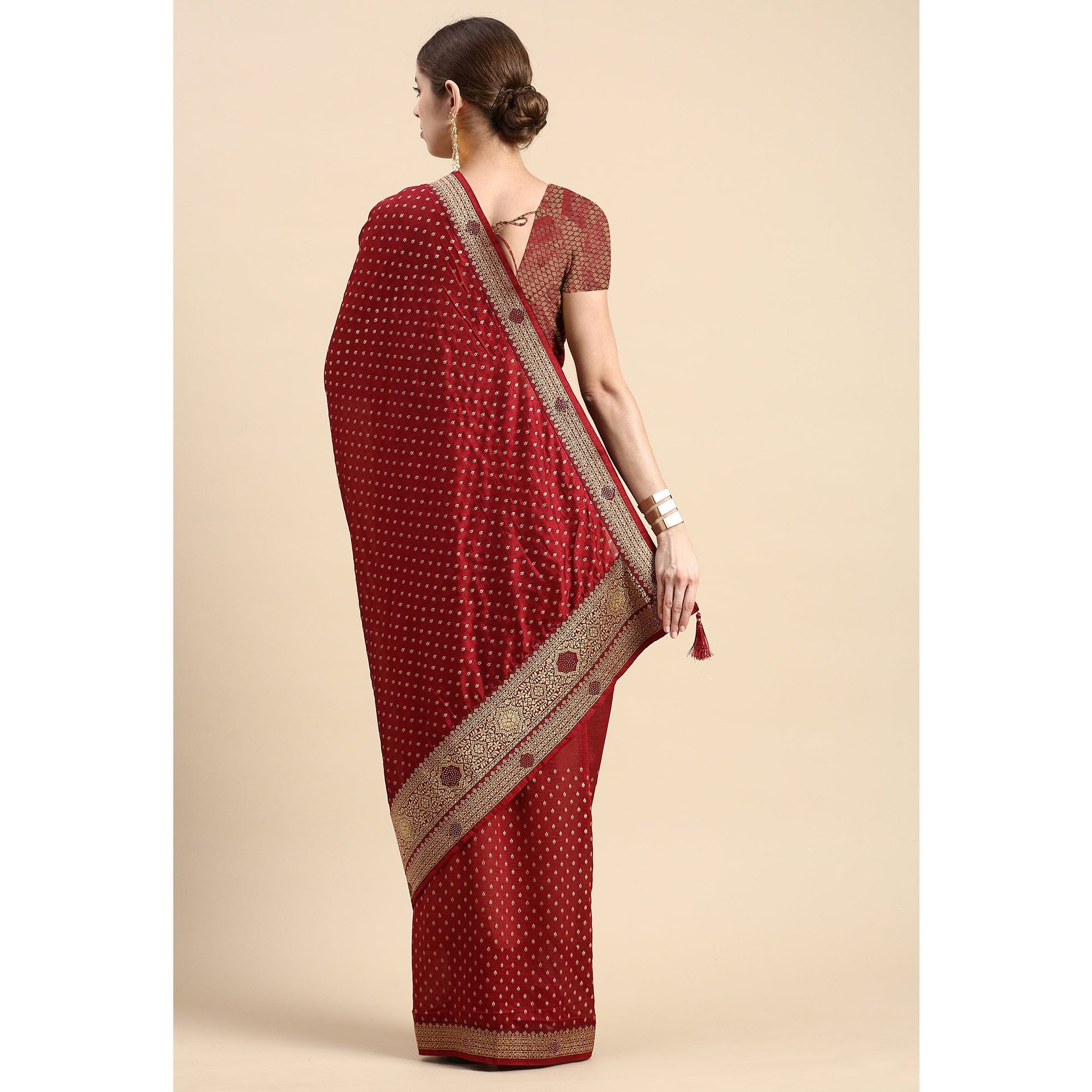 Maroon Foil Printed With Swarovski Vichitra Silk Saree