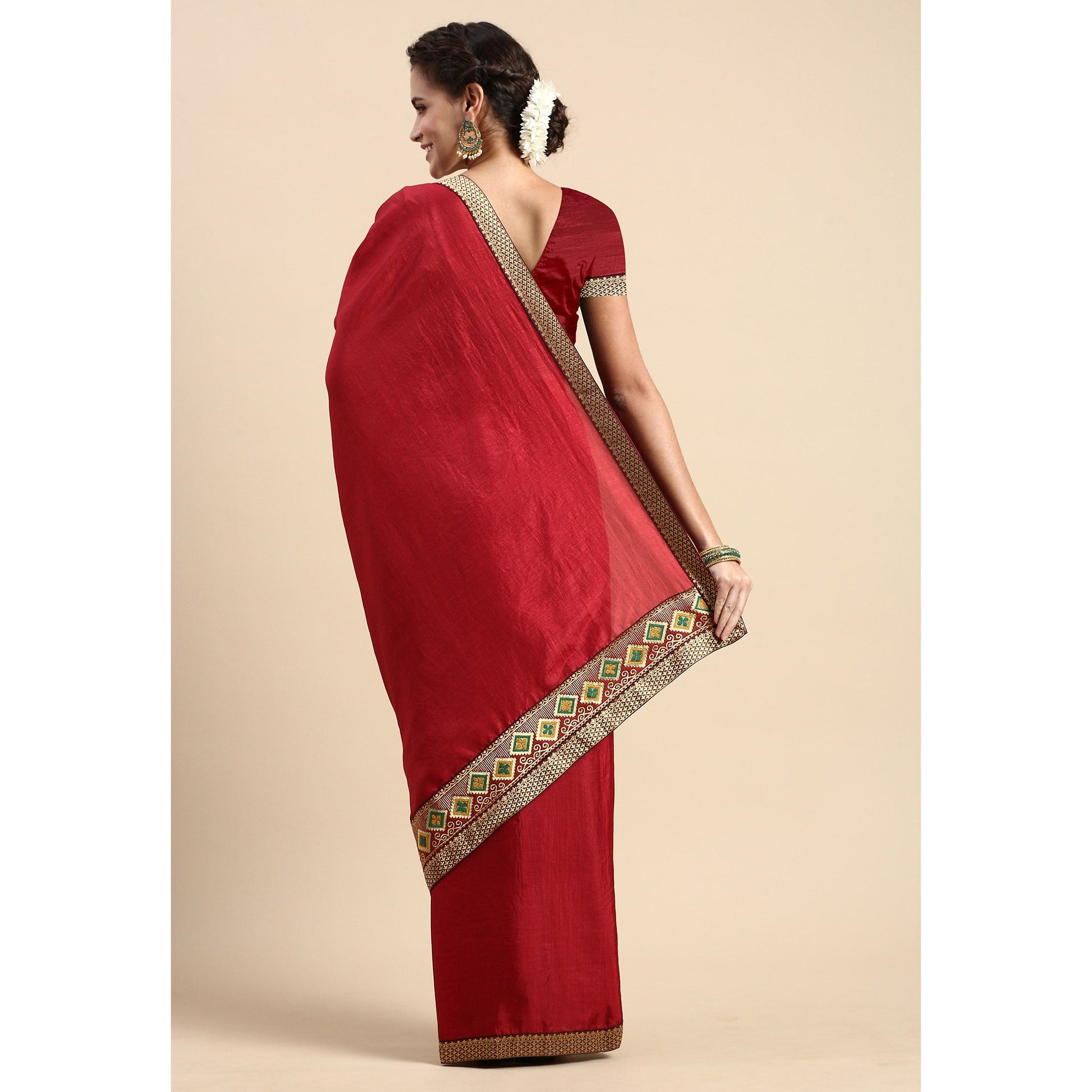 Maroon Solid Vichitra Silk Saree With Fancy Border