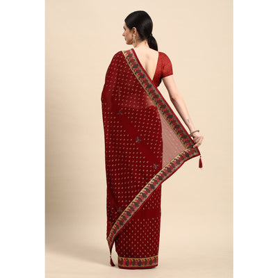 Maroon Foil Printed With Swarovski Zomato Silk Saree
