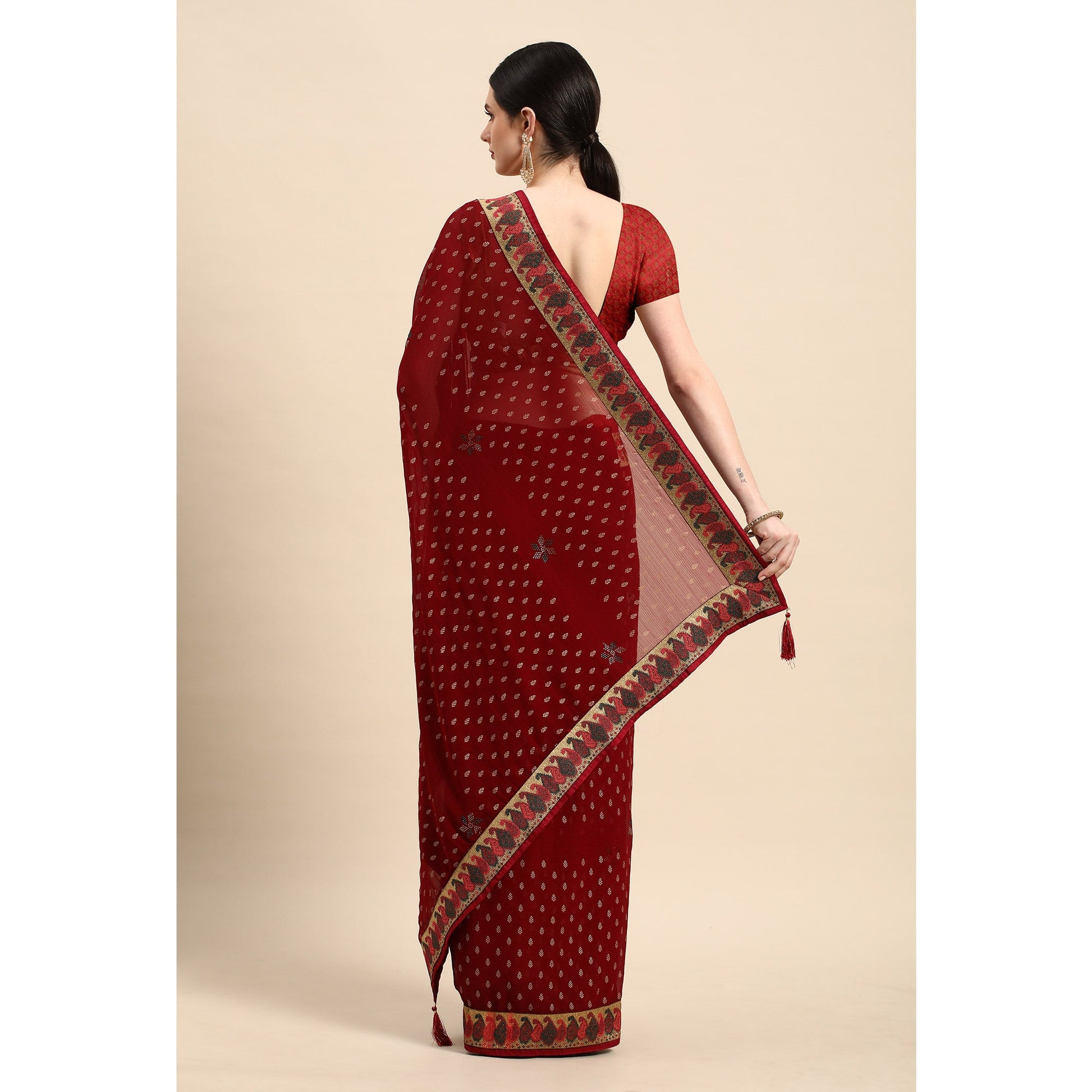 Maroon Foil Printed With Swarovski Zomato Silk Saree