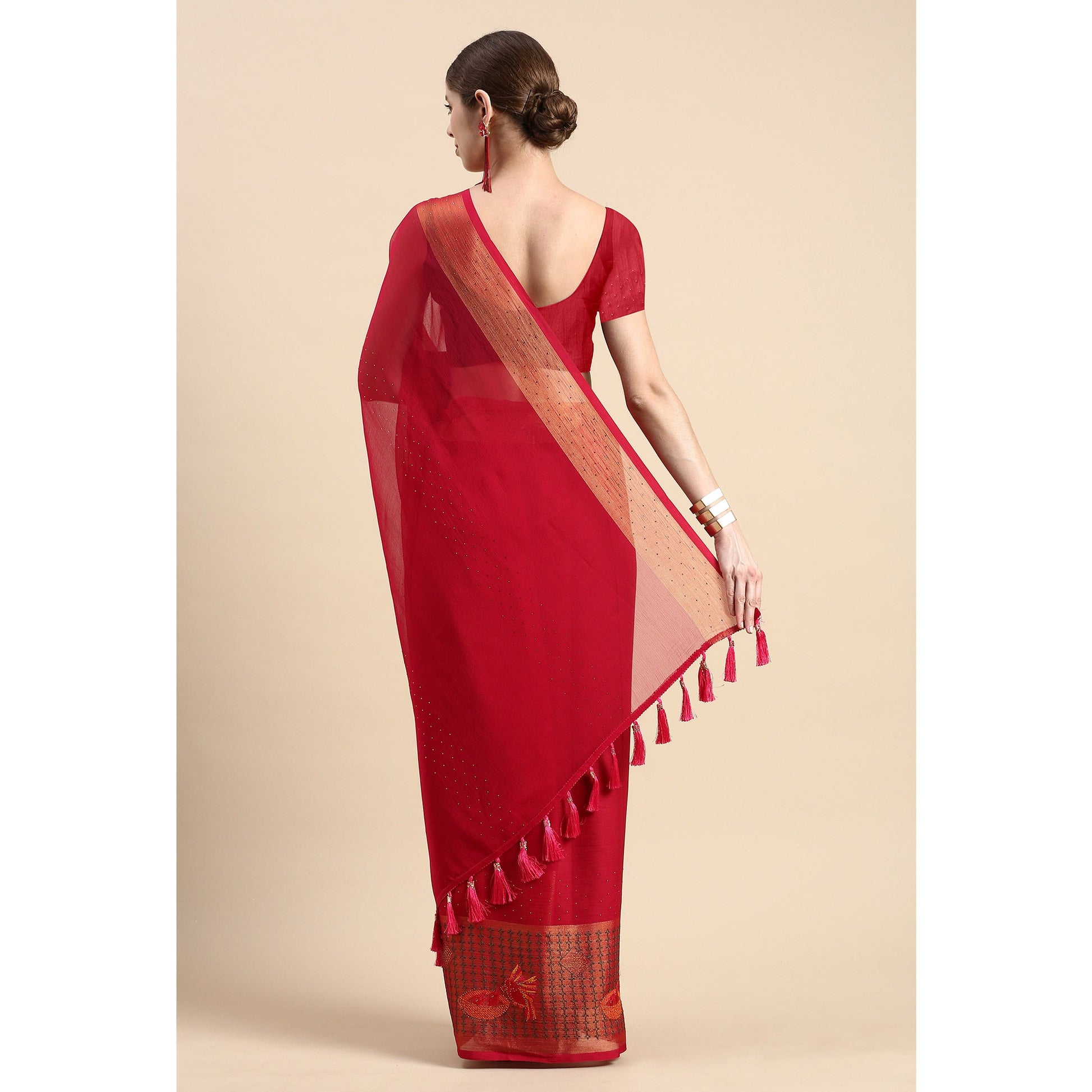 Magenta Purple Embroidered With Swarovski Work Viscose Saree