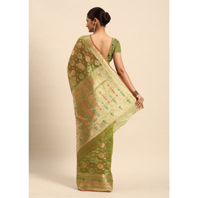 Mehendi Green Floral Woven Organza Silk Saree