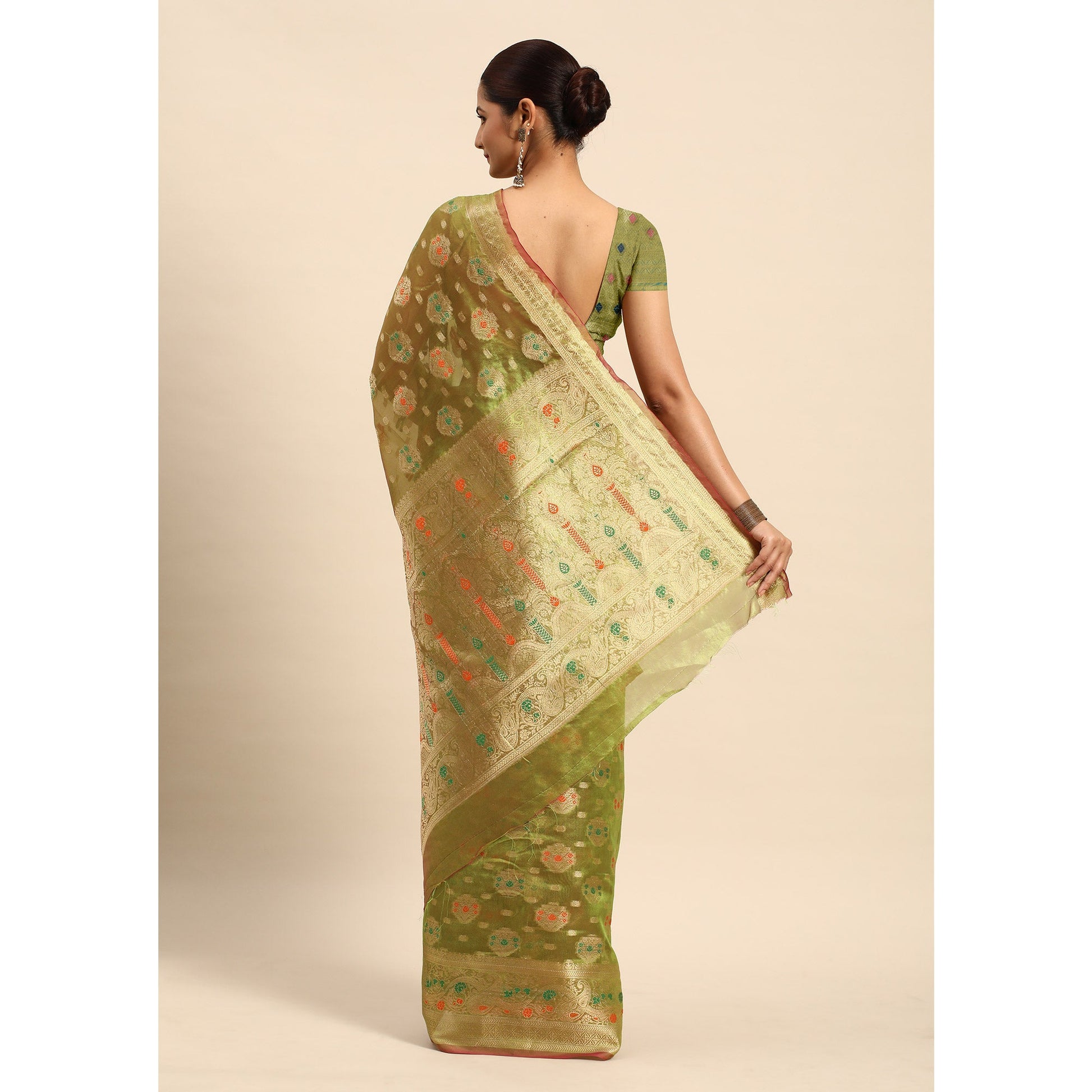 Mehendi Green Floral Woven Organza Silk Saree