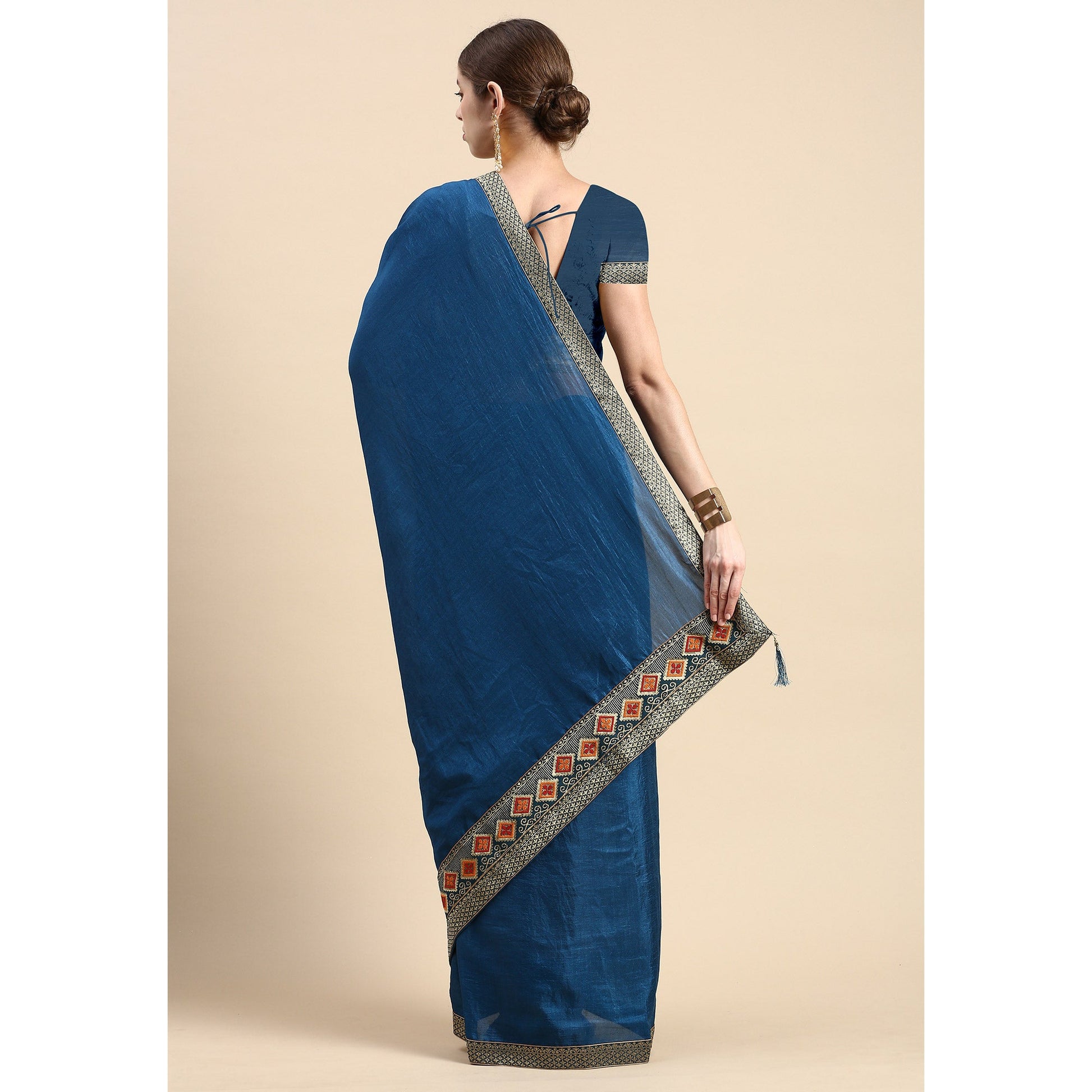 Blue Solid Vichitra Silk Saree With Fancy Border