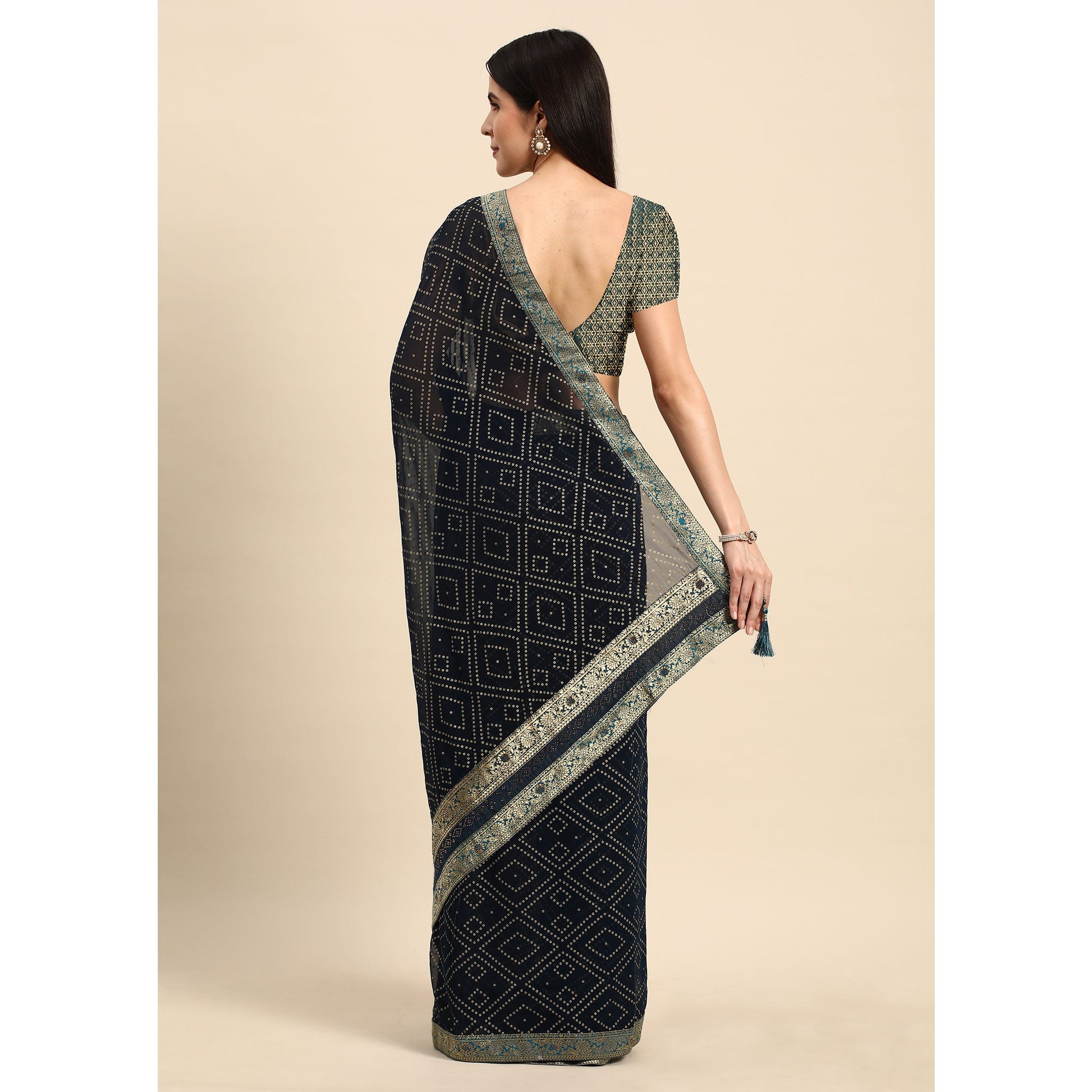 Dark Blue Foil Printed With Swarovski Georgette Saree