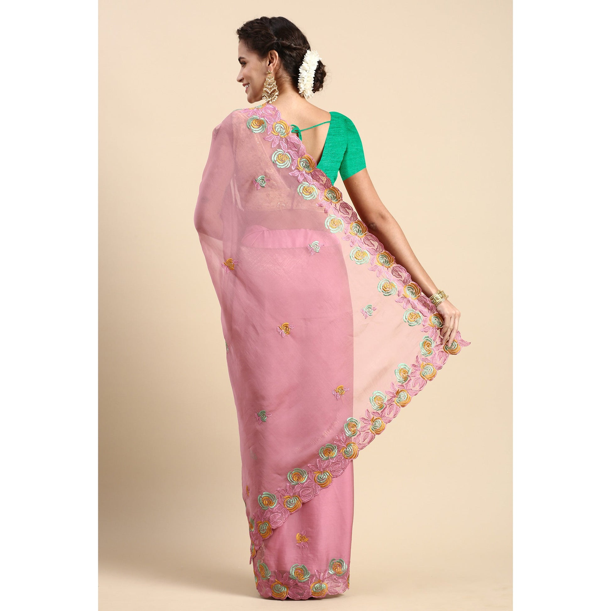 Ligth Purple Floral Embroidered Organza Saree