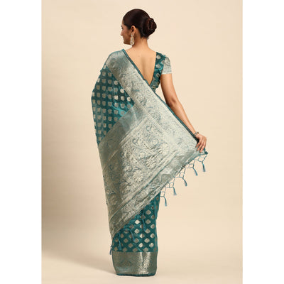 Blue Woven Organza Silk Saree With Tassels