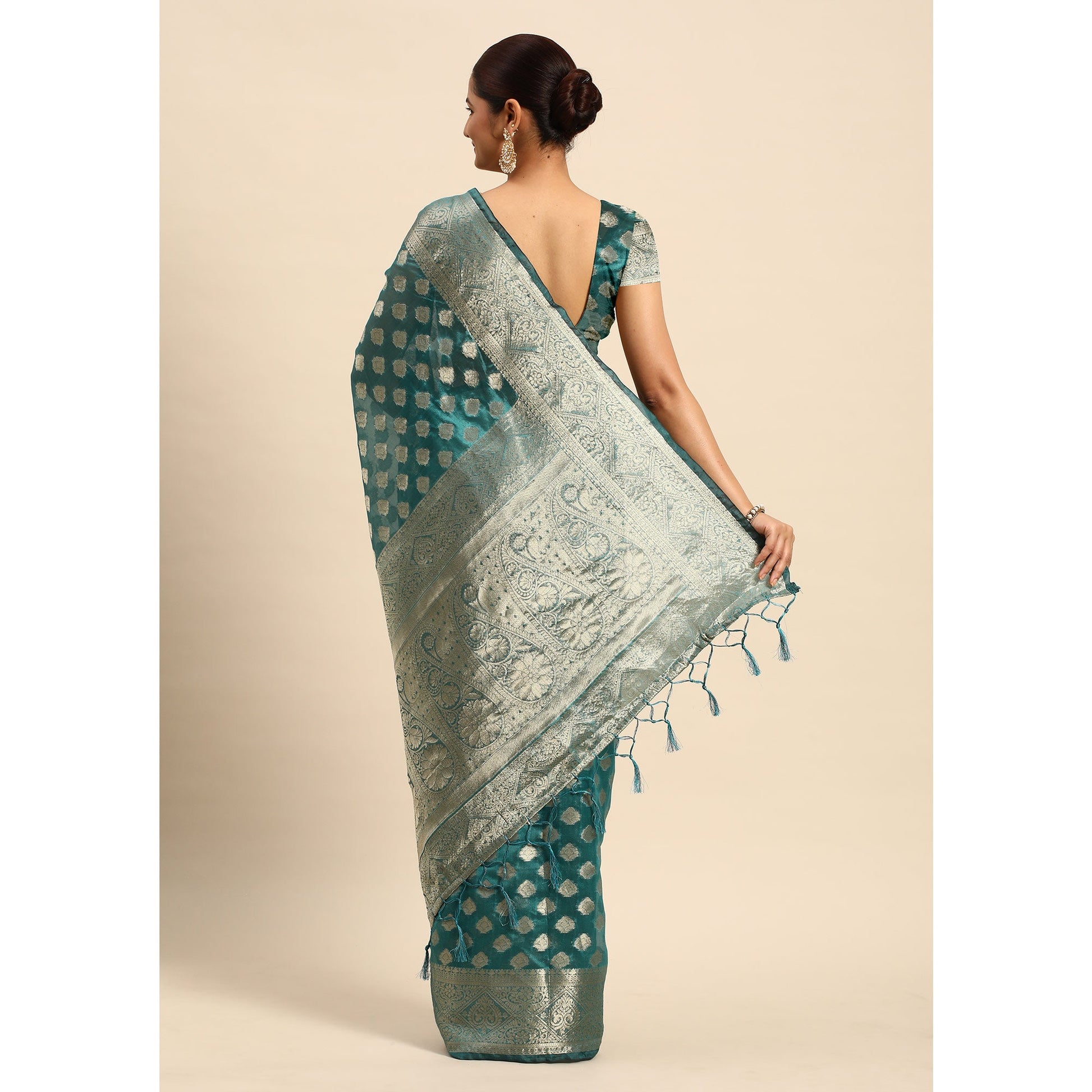Blue Woven Organza Silk Saree With Tassels