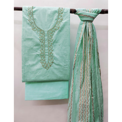 Blue Zardosi Moti Work Pure Cotton Dress Material