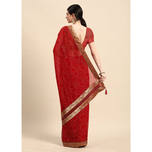 Dark Red Foil Printed With Swarovski Georgette Saree