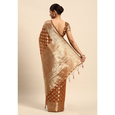 Brown Woven Organza Silk Saree With Tassels