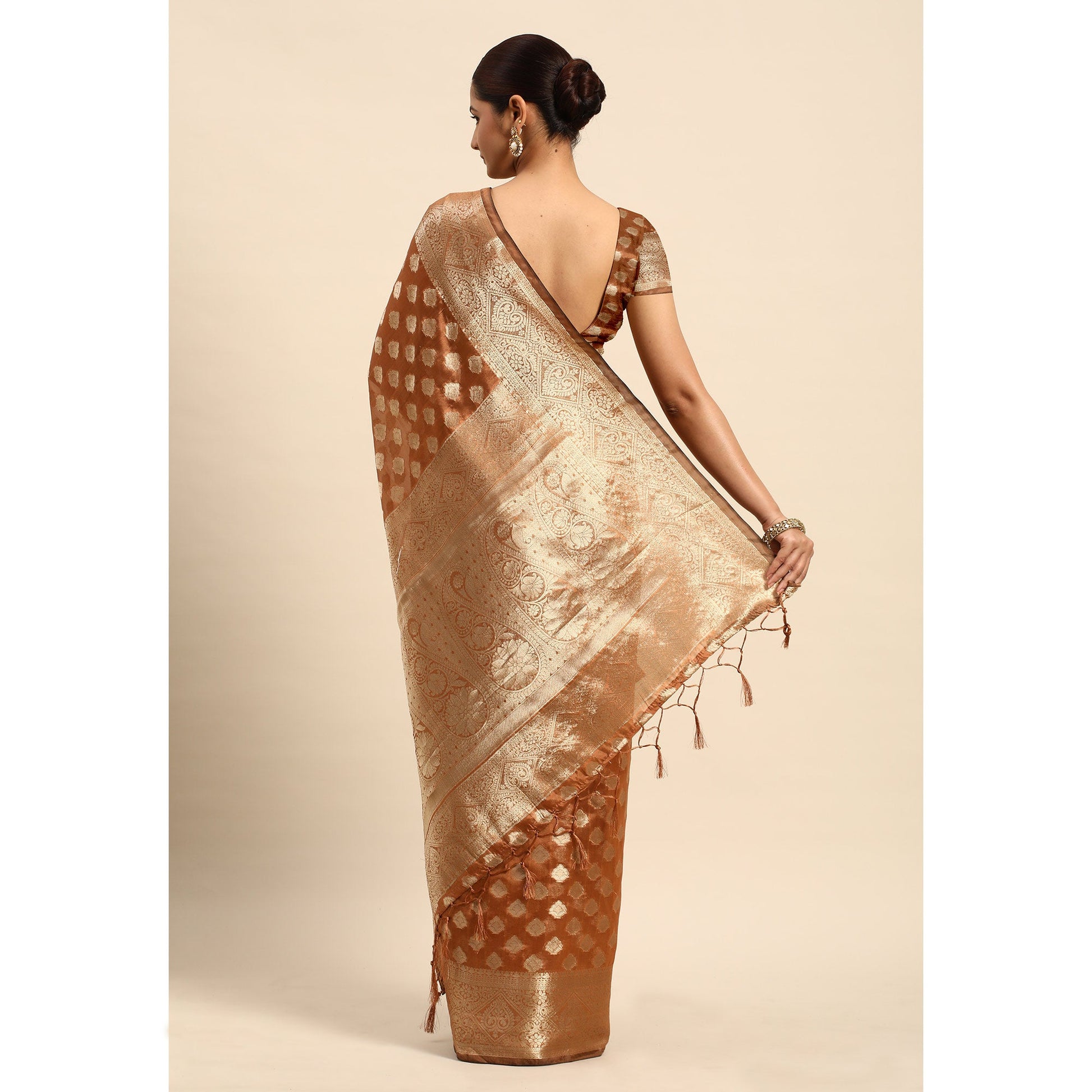 Brown Woven Organza Silk Saree With Tassels