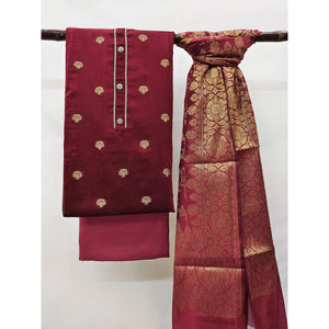 Maroon Floral Woven Banarasi Silk Dress Material