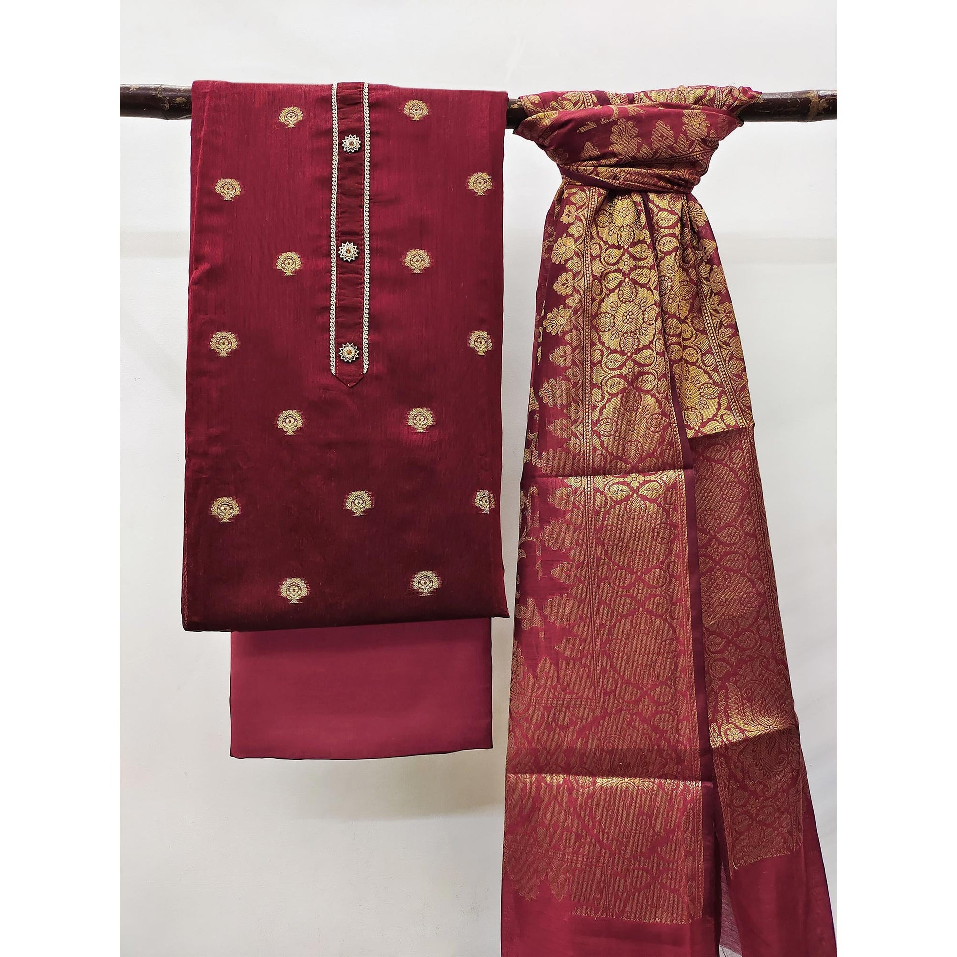 Maroon Floral Woven Banarasi Silk Dress Material