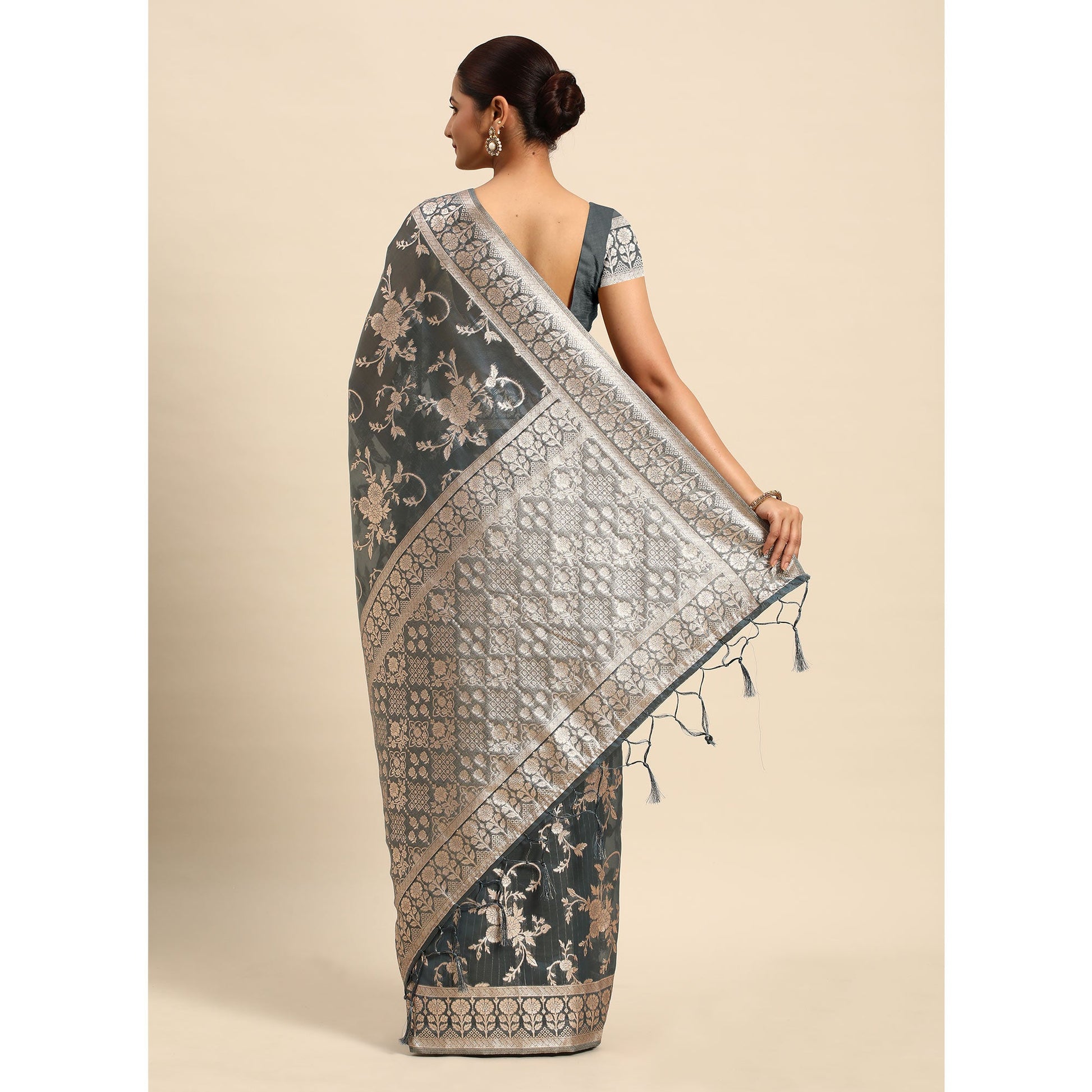 grey-floral-woven-organza-silk-saree-with-tassels