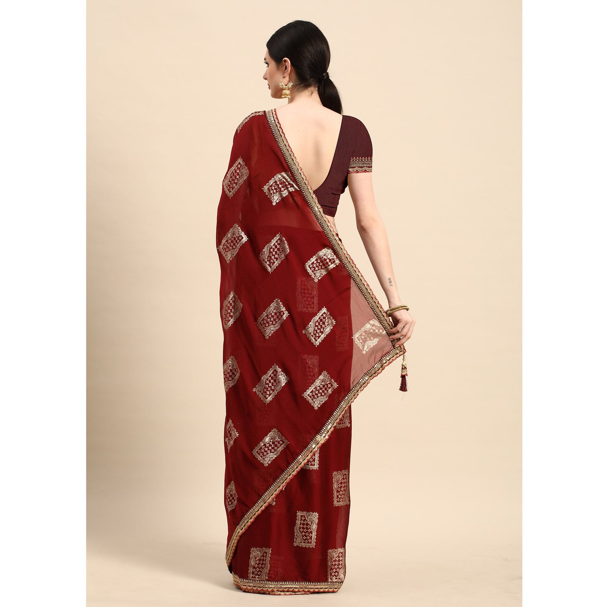 Maroon Foil Printed With Embroidered Border Chiffon Saree