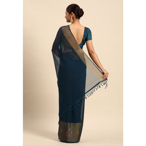 Blue Swarovski With Embroidery Work Viscose Chiffon Saree