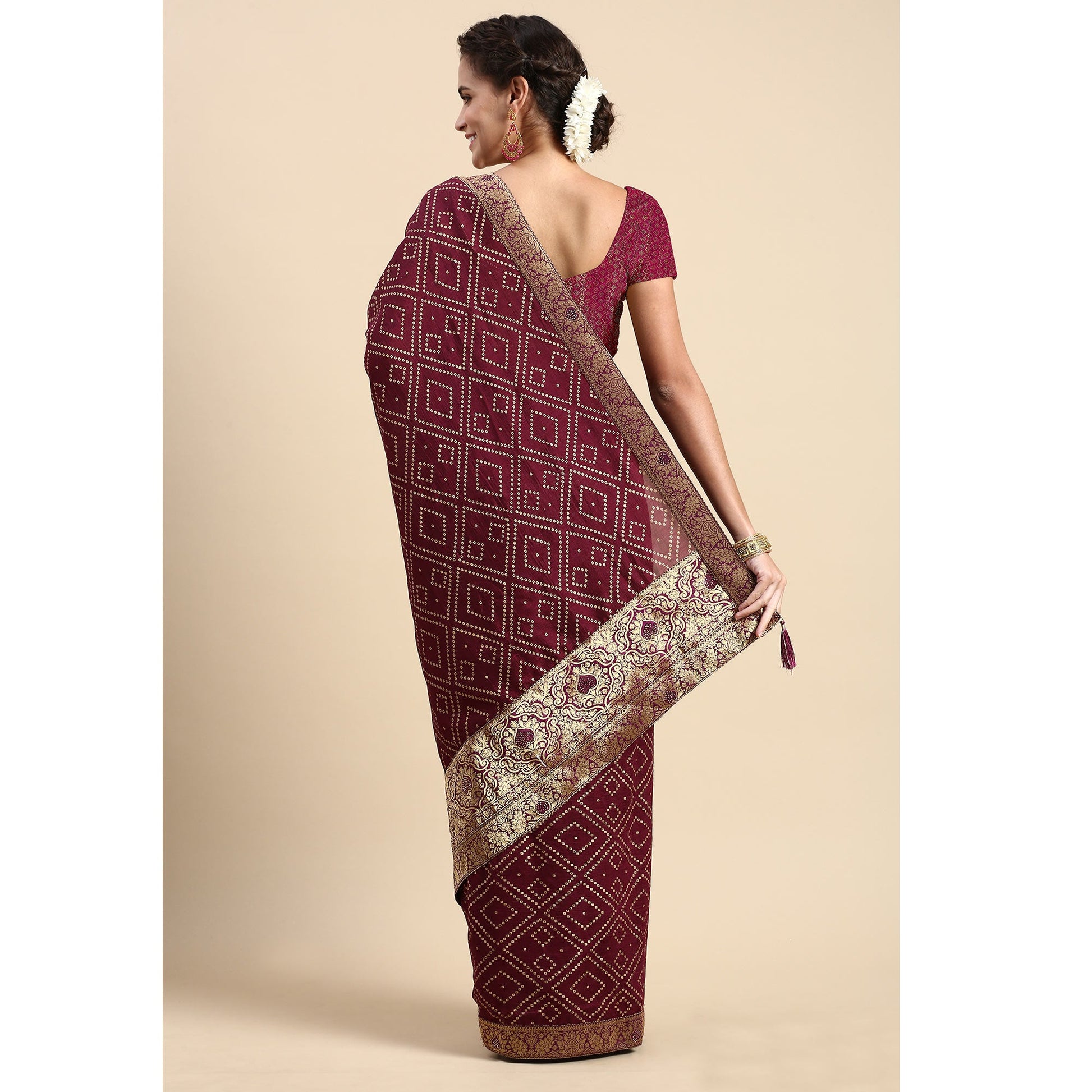 Maroon Foil Printed With Swarovski Vichitra Silk Saree