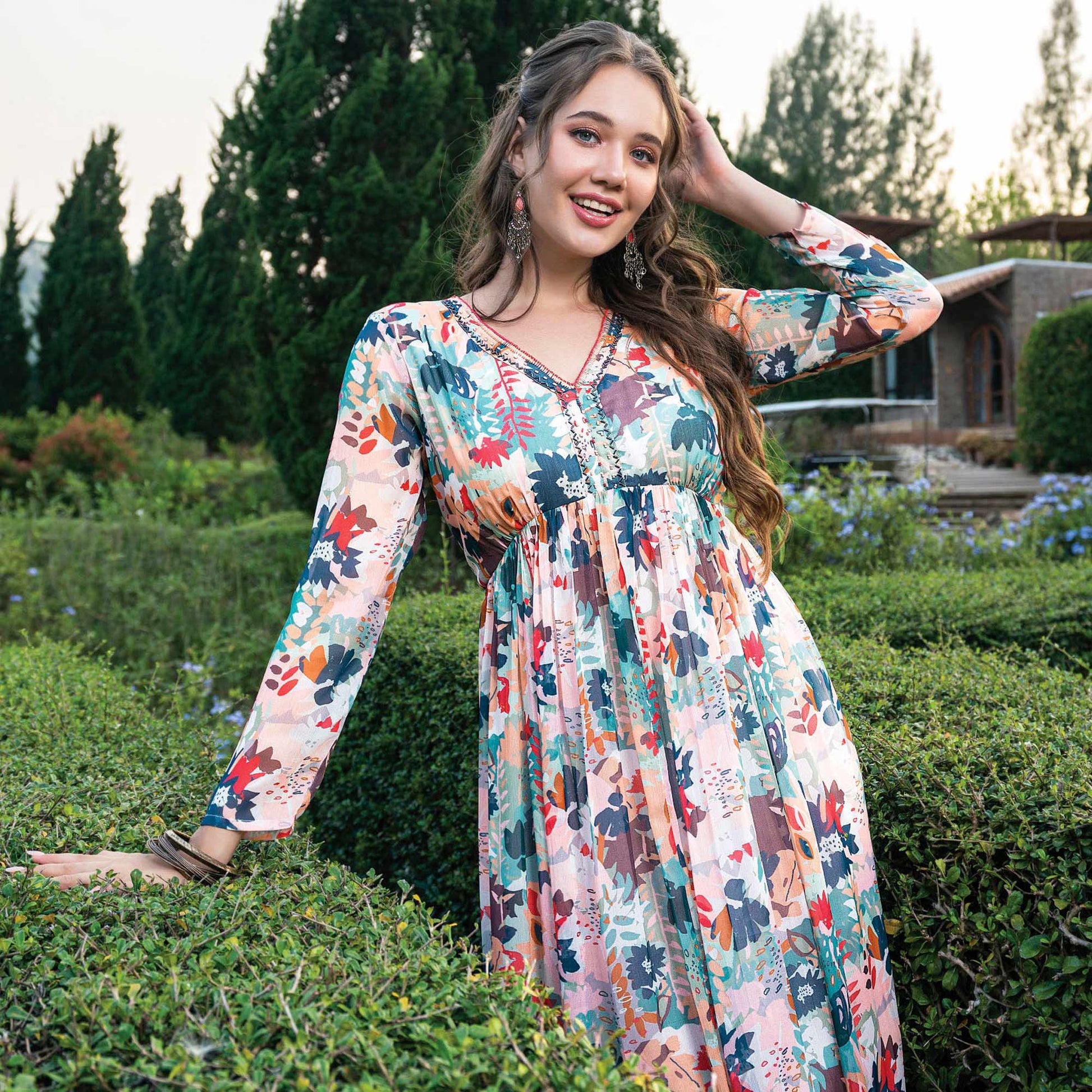 Cream & Multicolor Printed With Handwork Chiffon Dress