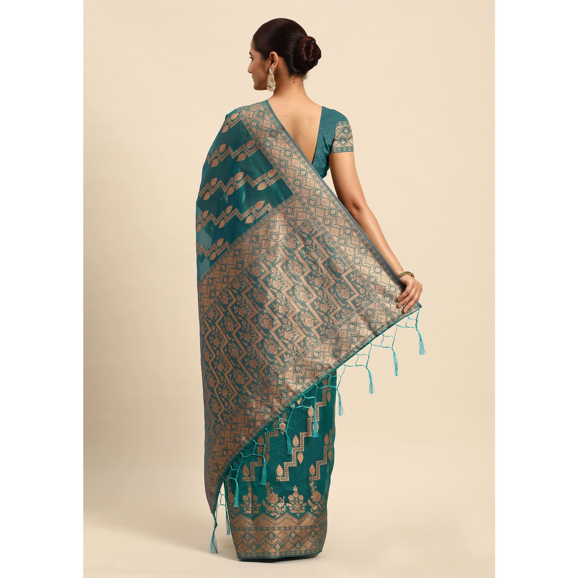 Morpich Floral Woven Organza Silk Saree With Tassels