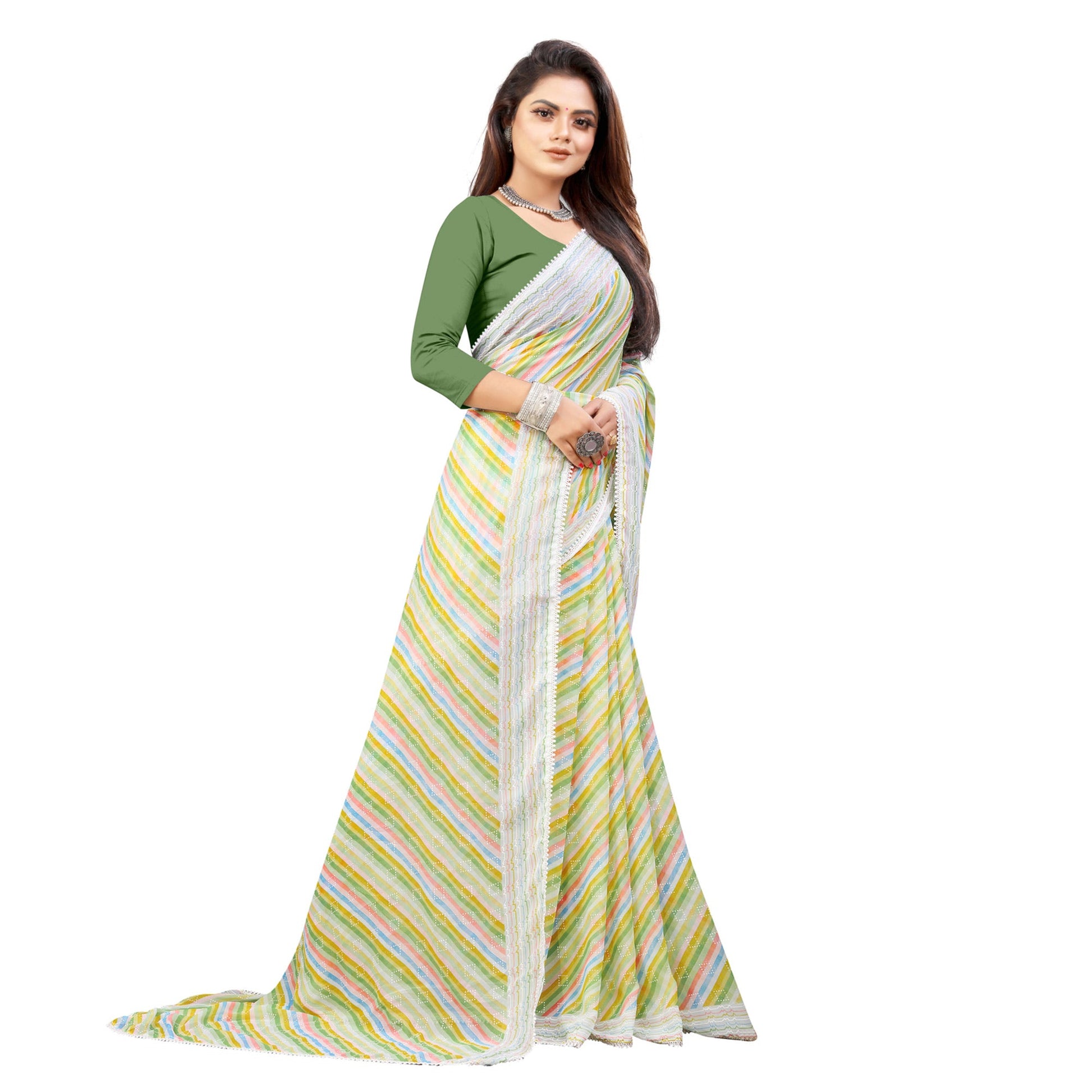 green-striped-printed-georgette-saree
