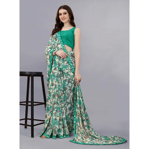 Cream Floral Printed Georgette Saree
